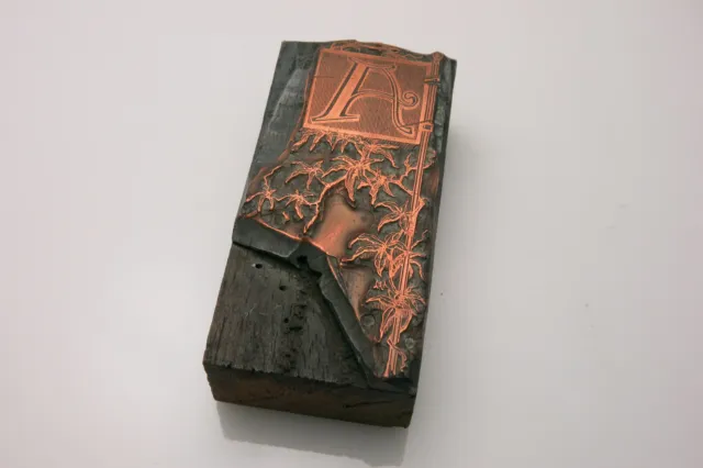 Antique Art Nouveau Letter A Copper Letterpress Printing Hardwood Block 3 Inches
