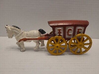 Vtg Cast Iron Horse Drawn Red Ice Cart Buggy Wagon Toy