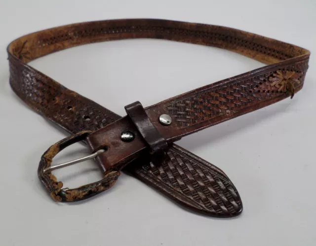 Basketweave Leather Belt 40 Stitched Brown Western Distressed Vtg