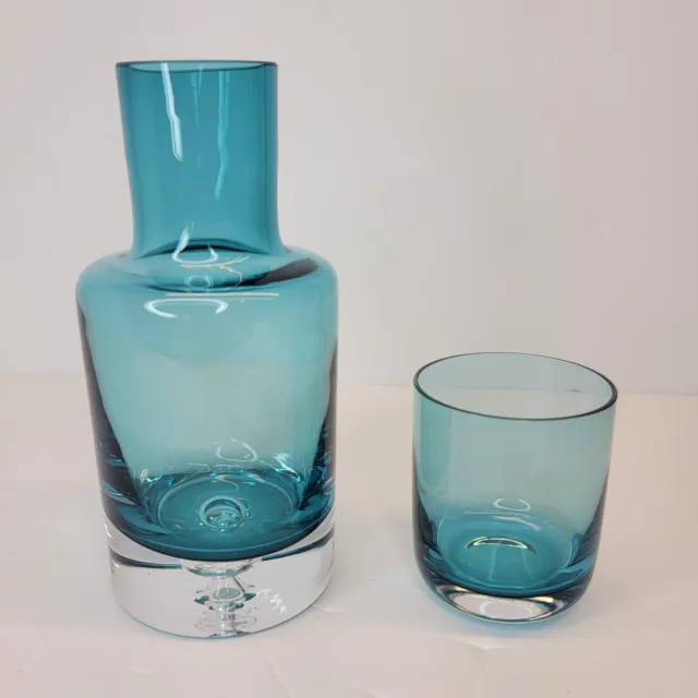 Vintage Krosno Glass Bedside Carafe Decanter & Glass Aqua Blue Made In Poland