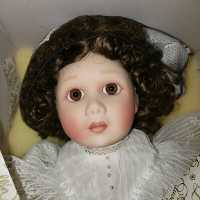 Franklin Heirloom Heritage Doll White Dress Brown Hair Porcelain Face
