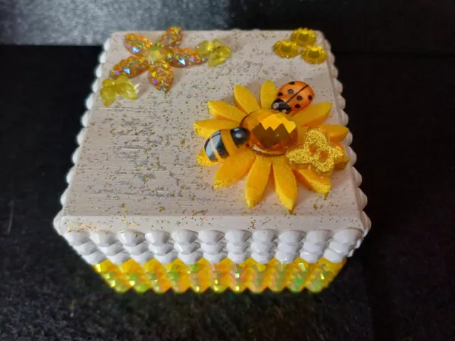Jewellery trinket box with bumble bees, lady birds, crystal flower and diamantes