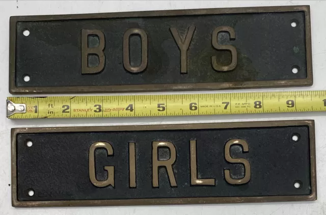 Antique Boys Girls Bathroom Cast Brass Architectural Salvage Signs OLD HEAVY