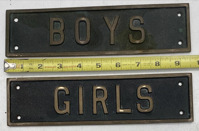 Antique Boys Girls Bathroom Cast Brass Architectural Salvage Signs OLD HEAVY