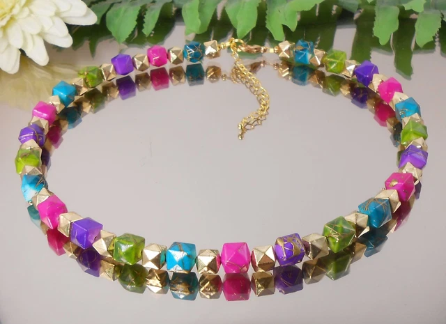 Würfel Kette Collier Gold Türkis Grün Pink Lila  facettierte Drawbench Würfel