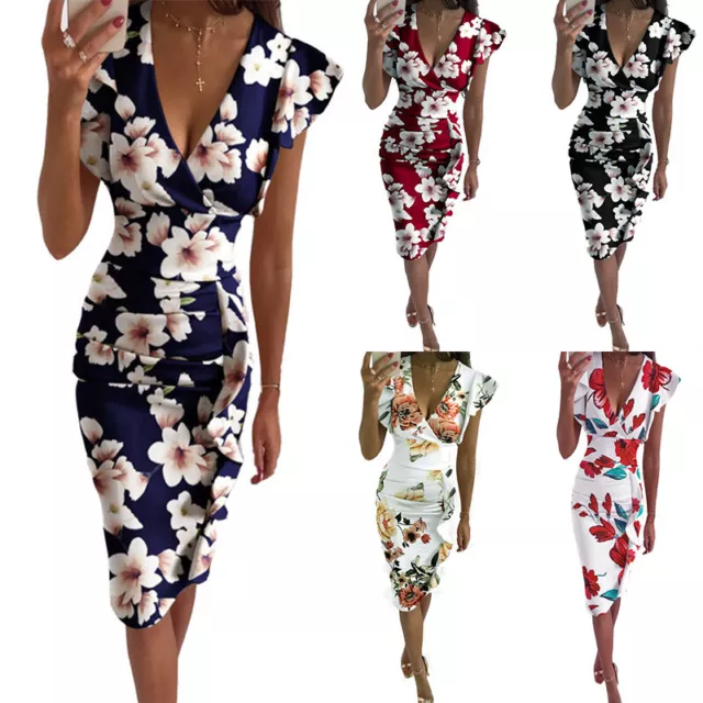 Damen Wickelkleid Mit Blumenmuster V-Ausschnitt Damen-Abendparty 丷
