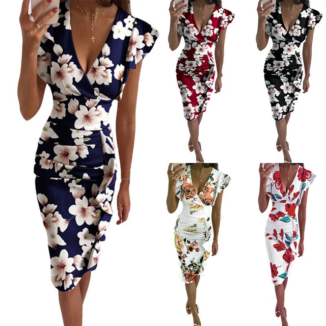 Damen Wickelkleid Mit Blumenmuster V-Ausschnitt Damen-Abendparty #N
