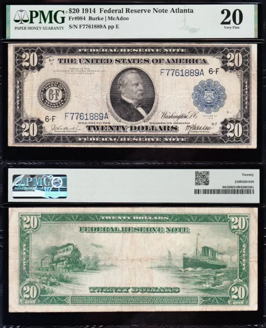 VERY NICE Bold & Crisp VF 1914 $20 ATLANTA Federal Reserve Note! PMG 20! 61889