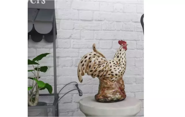 Black & White Spotted Rooster Sculpture Statue Farmhouse Ceramic Display Decor