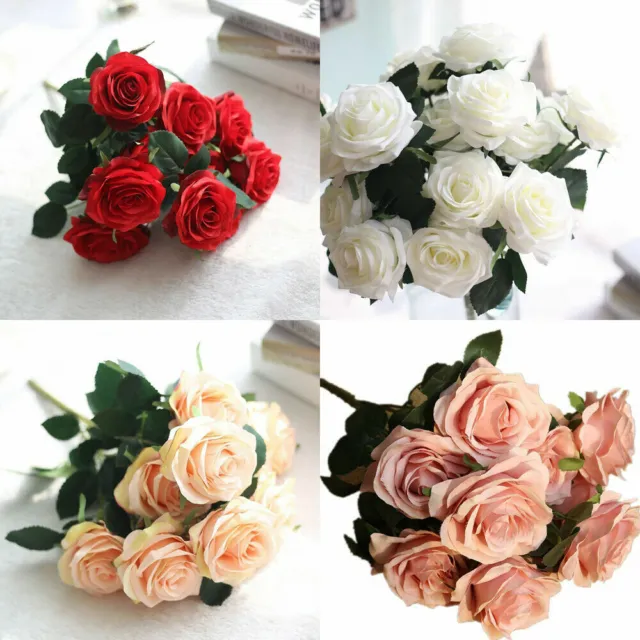 10Heads Silk Rose Artificial Flowers Fake Bouquet Buch Wedding Home Party Decor