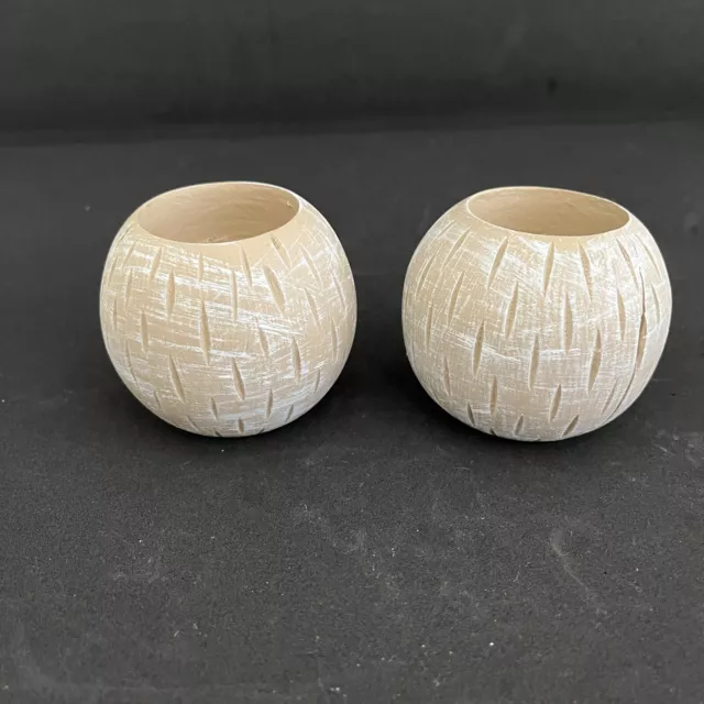 Tea Light Candle Holders 2 x  Carved Round Wooden Ball Coastal Beach Look