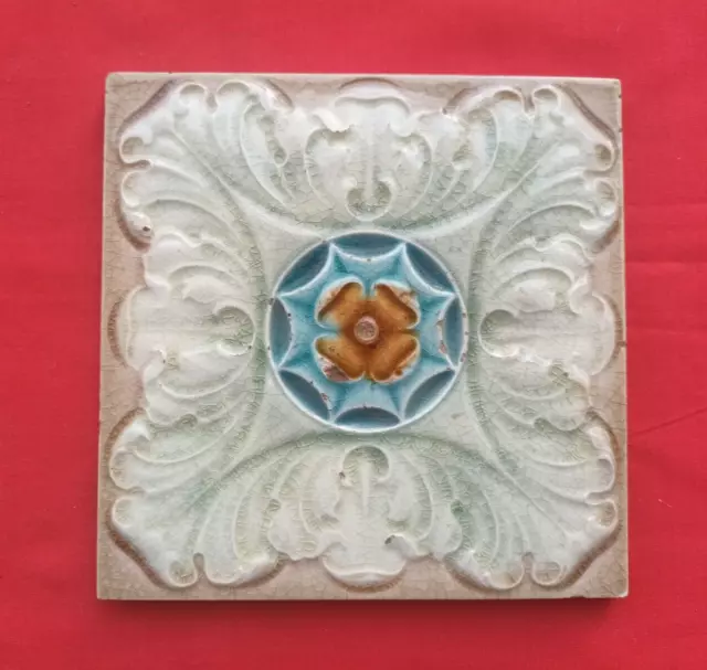 1 Piece Old Art Embossed Design Majolica Ceramic Tiles England 0237