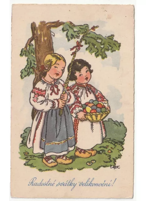 1944 Mfk Fischerova Kvechova Filles Panier Oeufs Carte Postale Pâques Velikonoce