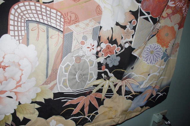 Classic! Antique Vintage Japanese Kimono Kuro furisode hikizuri Taisho Showa 20