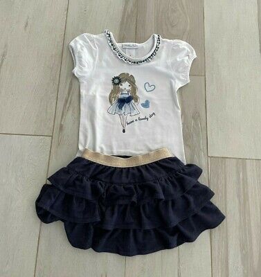 OLLIE'S PLACE girls summer outfit set white top + navy skirt size 4