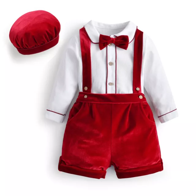 Baby Boys Long Sleeve Bowtie Shirt+Velvet Suspender Shorts+Hat Gentleman Suit