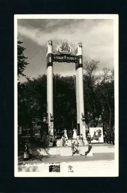 Pella Iowa IA 1940 RPPC TULIP FESTIVAL Old Town Square STAGE Poles, Queen Beside