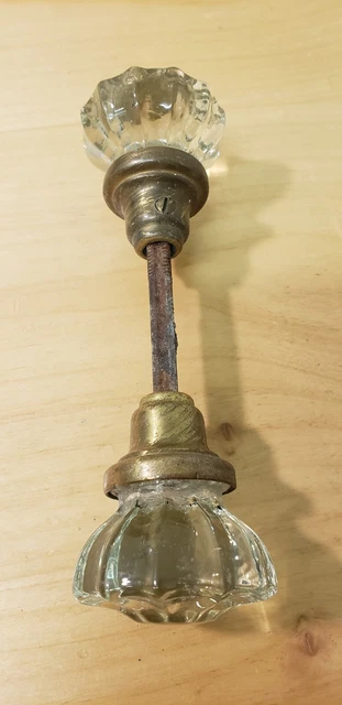 VTG Pair of 12-Point Clear Crystal Glass & Brass Door Knobs on Spindle no chips