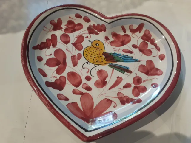 Mario Sambuco Deruta Art Pottery Heart Dish Hand-Painted w Bird made Italy 6"