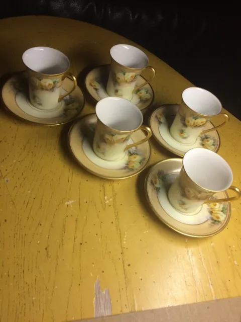Nippon 5 Teacups & 5 Saucers Hand Painted Yellow Roses Gold Trim Japan
