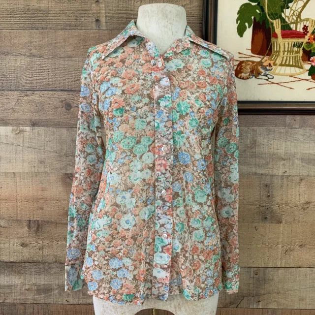 Vintage 1970s Hippie Floral Sheer Dagger Collar Button Up Shirt Blouse Size SM