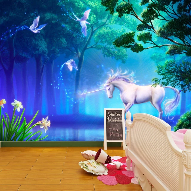 Unicornio Fairtale Pájaros Fantasía Papel pintado Mural Foto Niños Póster Decoración