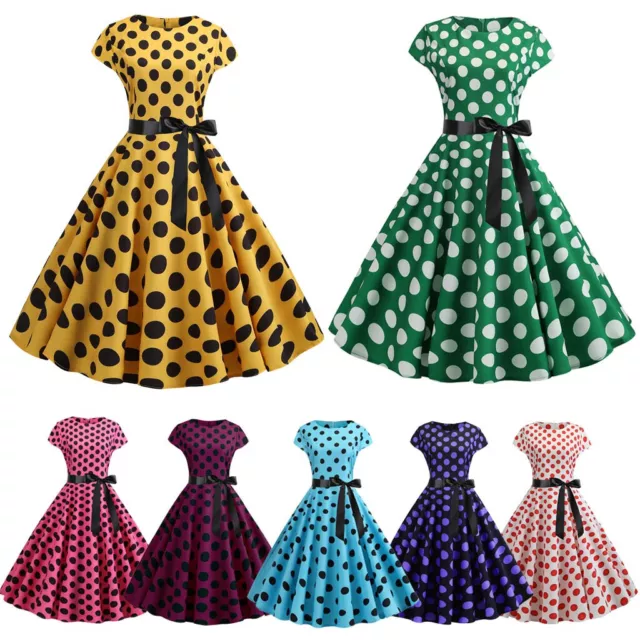 Women Vintage 1950s Retro Short Sleeve Dot Print Evening Party Prom Swing Dress