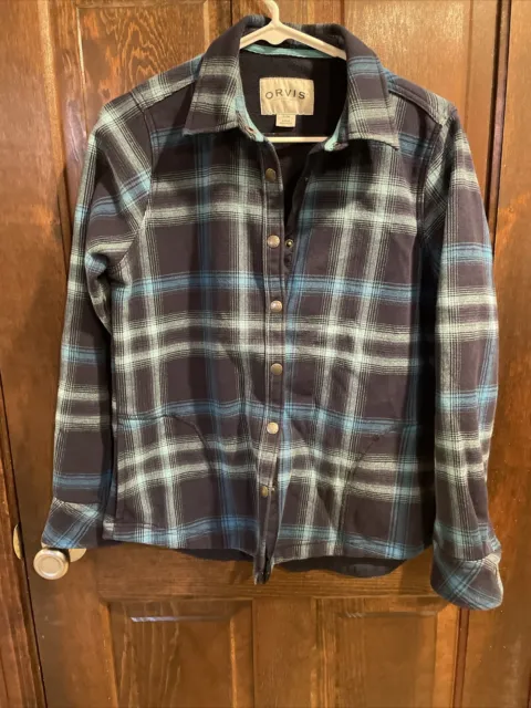 Orvis Flannel Shirt Jacket  Fleece Lined Women's S Small Blue Plaid Snap