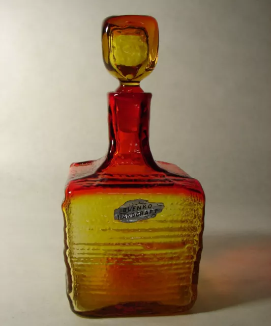 Blenko Amberina Tangerine Wayne Husted 6224S Textured Square Decanter orig Label