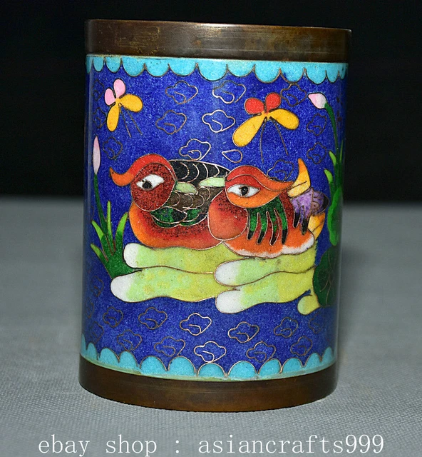 4.4" Qianlong Marked China Cloisonne Bronze Mandarin Duck Brush Pot Pencil Vase