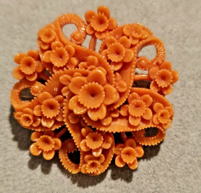 Vtg Art Deco Carved Celluloid Early Plastic Faux Coral Flower Brooch Pin Estate