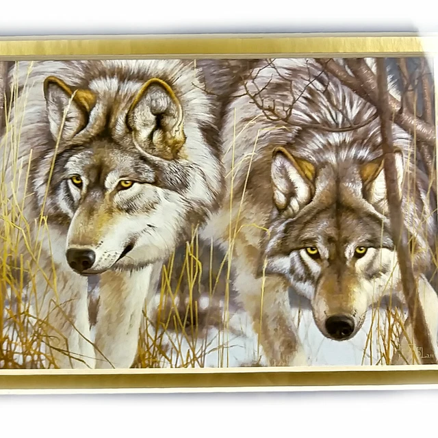 Print 2 Wolves on the Hunt by Hayden Lambson Framed Matted 12.5 x 10.5