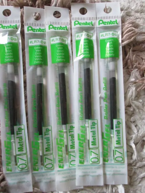 5 NEW SEALED  Refills Pentel EnerGel RTX Green Liquid Gel Ink, 0.7mm   LR7-D