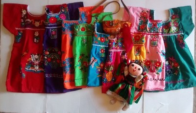 Mexican Girls Peasant Puebla Embroidered On Dress Assorted Colors 3M-4T
