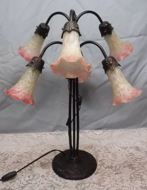 Vintage Six Light Trumpet Frosted Shades Lily Pad Dragonfly Tulip Table Lamp