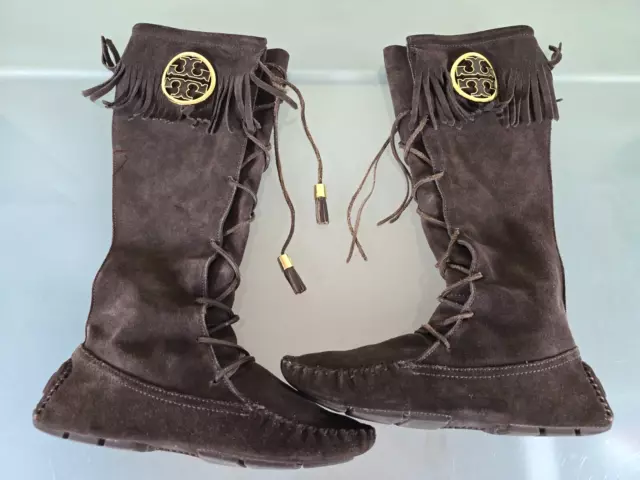TORY BURCH Brown Suede Fringe Trim Mocassin Knee High Boots A76B Womens Size 9M