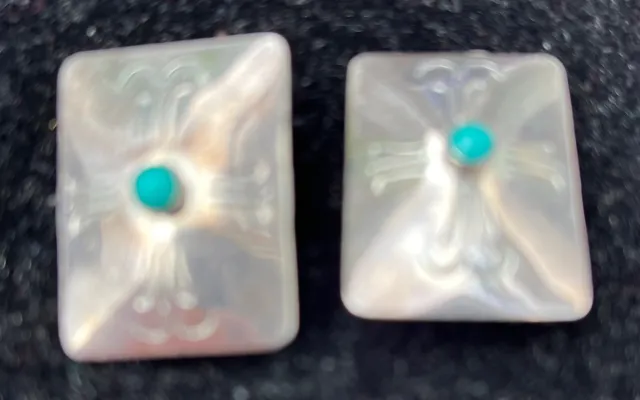 Native American Clip Earrings Sterling Silver Baby Blue Turquoise  Rectangular
