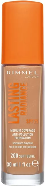 Rimmel Lasting Radiance Medium Coverage Anti Pollution Foundation, SPF 25, 200