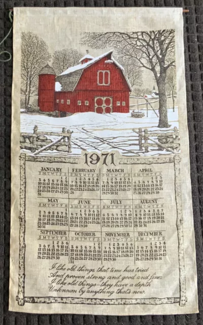 Vintage 1971 Linen Cloth Kitchen Calendar Wall Hanging Snow Covered Barn