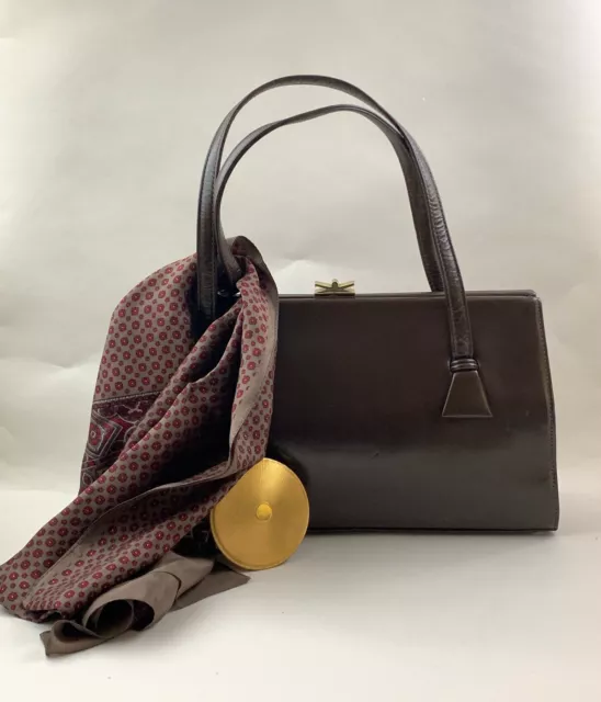 WALDYBAG VINTAGE 1960S Brown Leather Handbag Suede LinedCompact