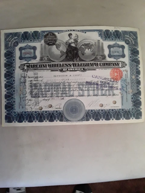Antique Marconi Wireless Telegraph Co.  Stock Certificate EXC!!