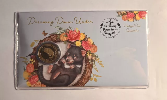 2021 Australia PNC Dreaming Down Under Tasmanian Devil $1 Dollar Coin & Stamp