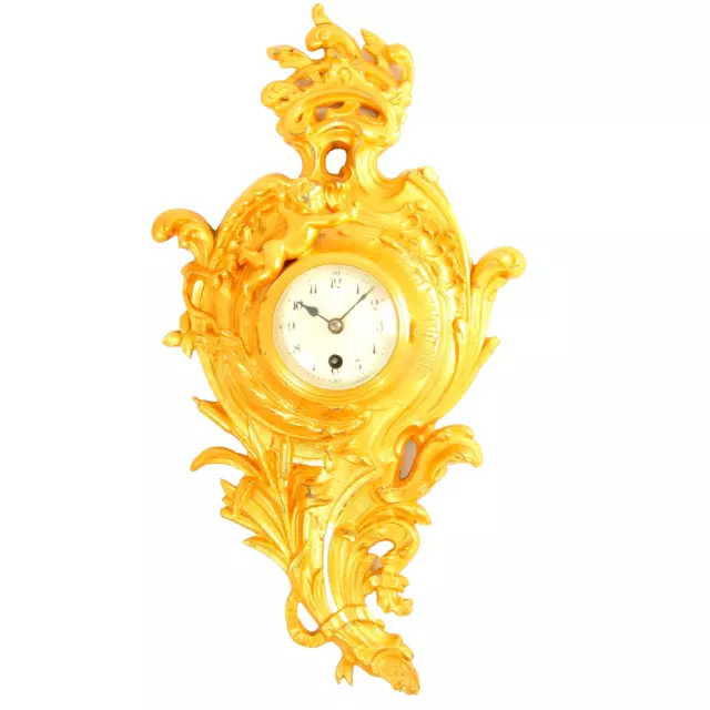 Antique 8 Day French Wall Clock Miniature Cartel Gold Clock Gilt Bronze Cherub