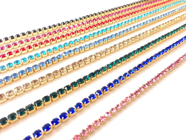1m Diamante/Rhinestone Crystal Colour Chain Trim Lace Gold Base