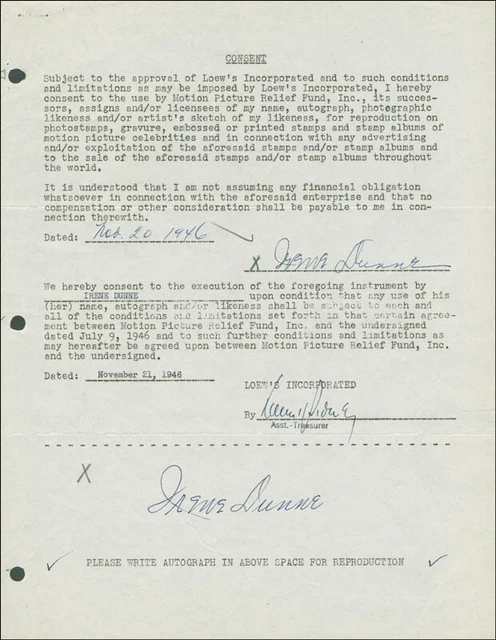 Irene Dunne - Document Double Signed 11/20/1946