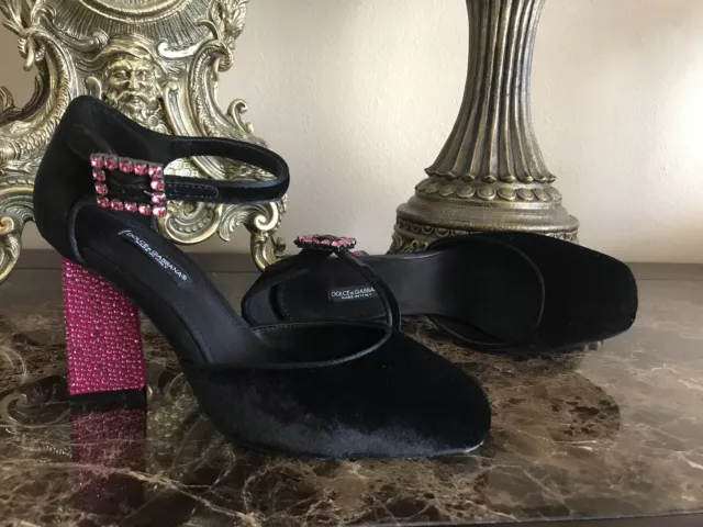 Dolce & Gabbana Black Velvet Pink Crystal Mary Janes Shoes