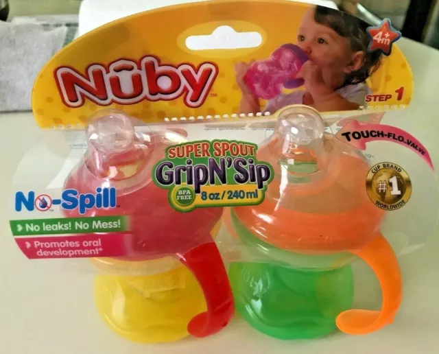 Nuby 2-Pack No-Spill Super Spout Grip N' Sip Cup, Yellow and Green, Step 1, 8 oz