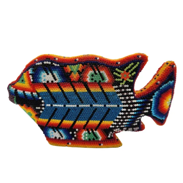 Huichol Mexican Folk Art Seed Beaded Multicolor Fish Figurine Handmade 3.75x7"