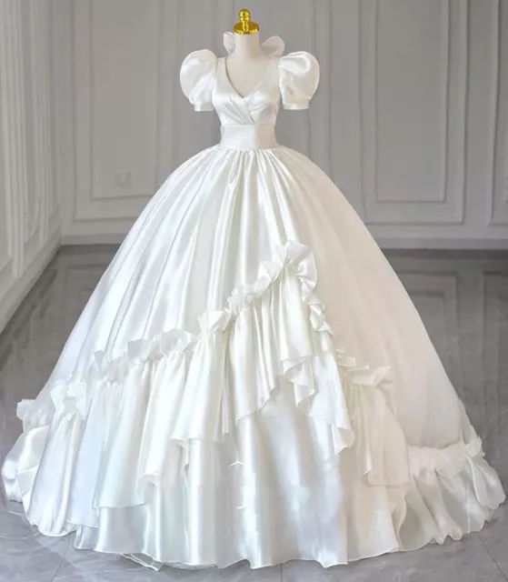 Vintage Puff Sleeves Wedding Dresses Satin Ruffles V Neck Bridal Ball Gowns