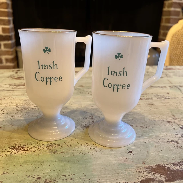 2 IRISH COFFEE Mugs Milk Glass Pedestal Footed With Gold Lining vintage